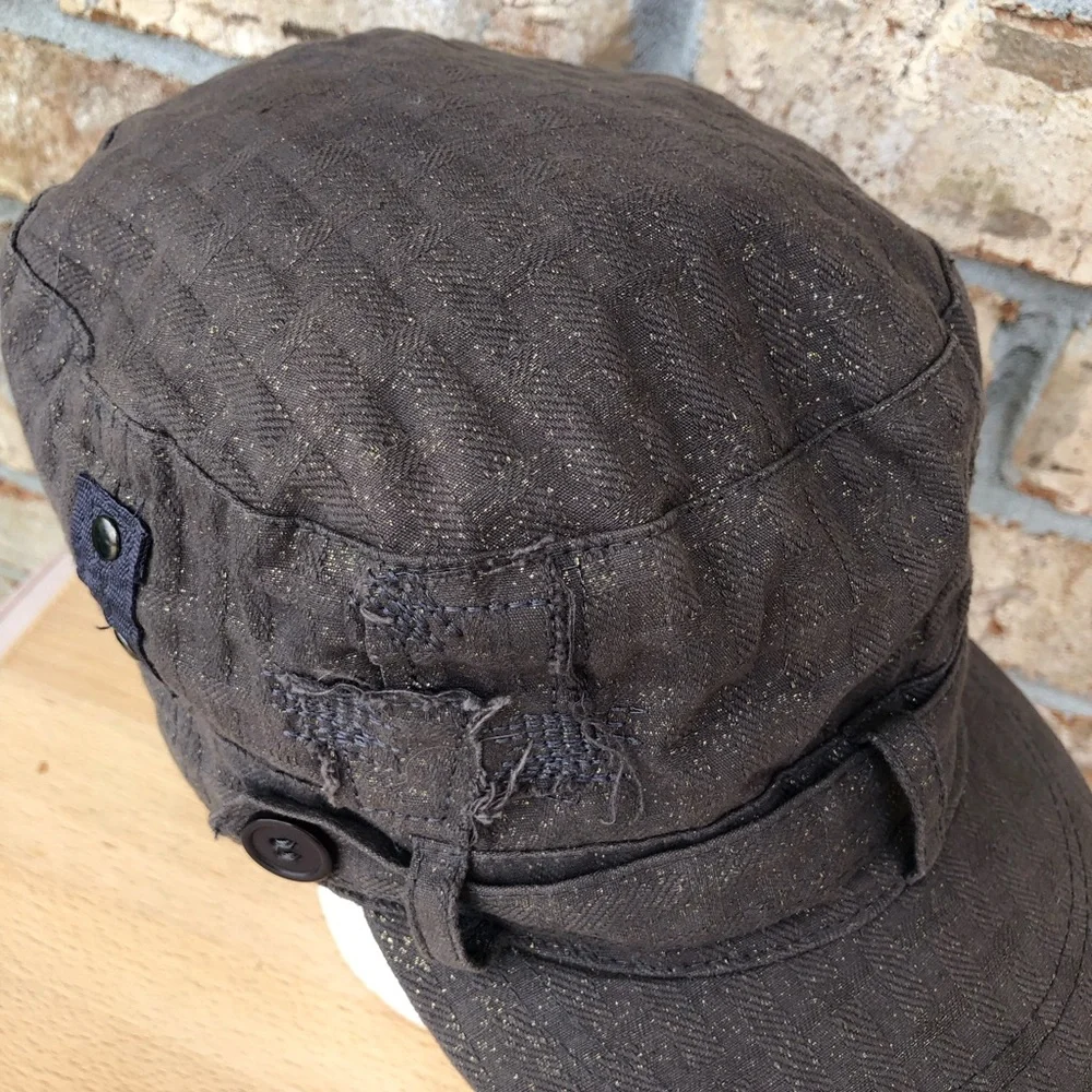 Mudd Vintage Cotton Green/Brown‎ Distressed Patches Floral Print Linen Cap OS